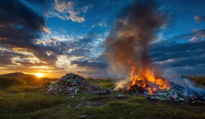 Fototapeta premium A massive pile of trash ablaze at sunset