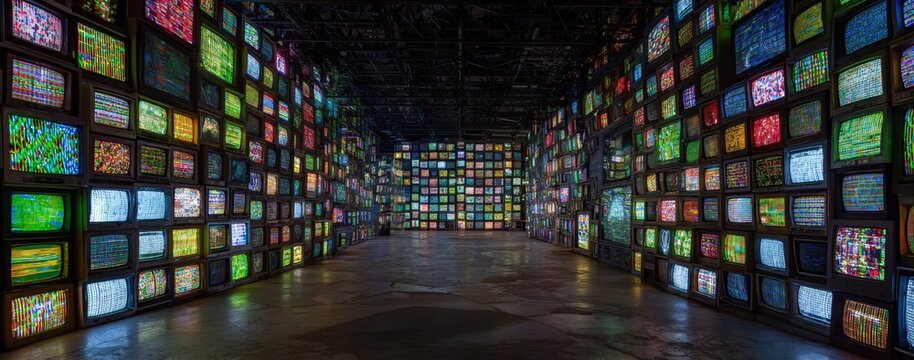 A gallery wall of vintage television screens displaying various static images