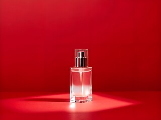 Elegant glass perfume bottle with shiny cap on a spotlighted red background