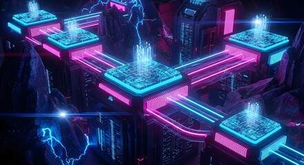 Futuristic Digital Network Grid with Glowing Neon Lines and Data Flow
