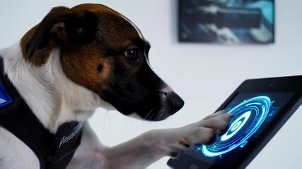 Smart dog interacting with a digital tablet using its paw for selection - Powered by Adobe