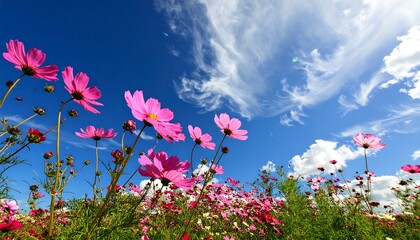 Pink cosmos flowers against a vibrant blue sky
