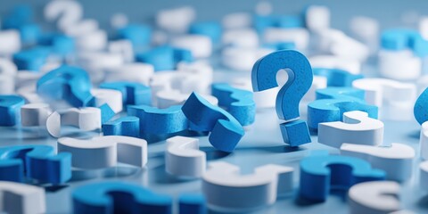 Scattered question marks in blue and white