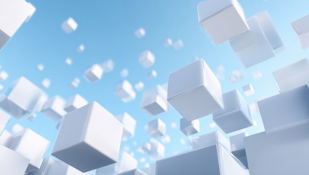 Abstract 3D cubes floating in a light blue sky