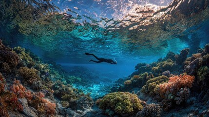 Underwater diver explores vibrant coral reef. Sunlight streams through surface