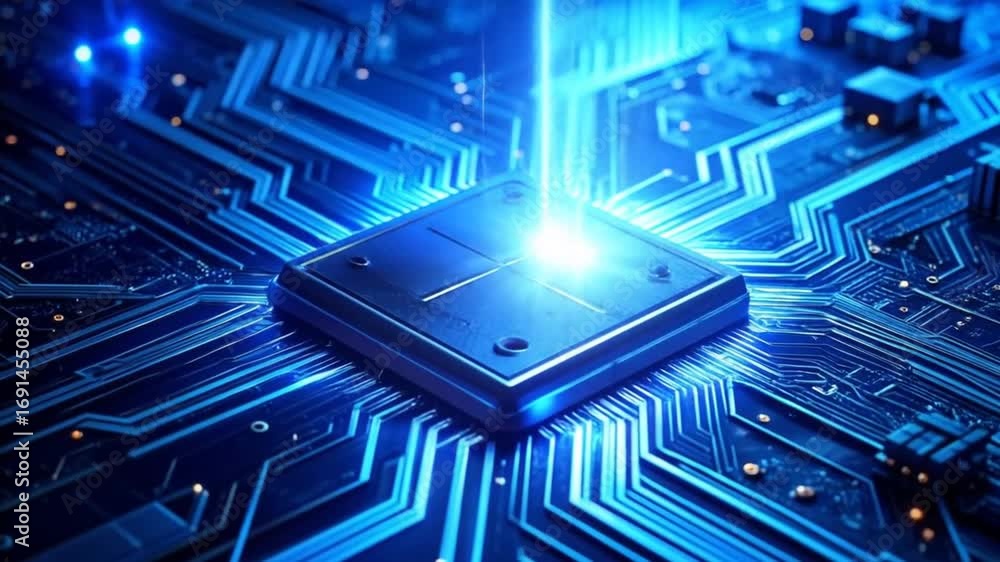 Poster conceptualizing the core of modern electronics with blue-hued circuitry