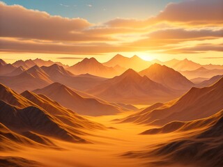 Obraz premium Majestic mountain range bathed in warm golden sunset light with dramatic clouds