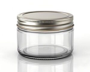 Empty clear glass jar with silver metal lid on white background
