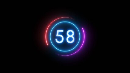 Countdown timer 58 seconds. Neon countdown number illustration.