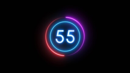 Countdown timer 55 seconds. Neon countdown number illustration.