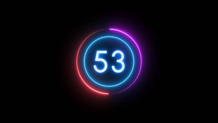 Countdown timer 53 seconds. Neon countdown number illustration.