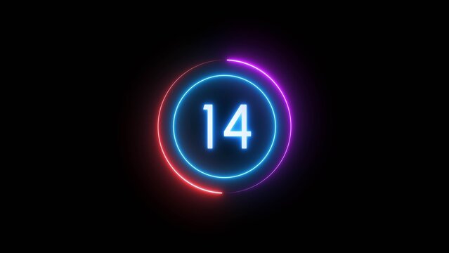 Countdown timer 14 seconds. Neon countdown number illustration.