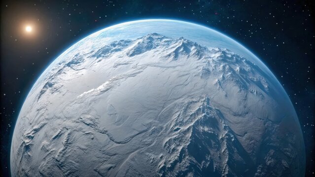 Science research in ice regions planet frozen terrain icy mountain blue atmosphere distant star space exploration wonder