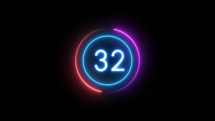 Countdown timer 32 seconds. Neon countdown number illustration.