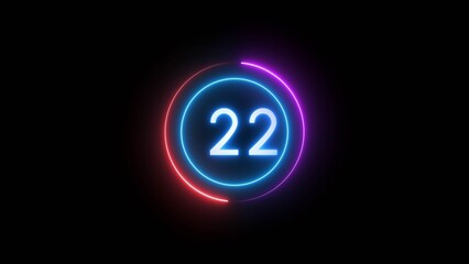 Countdown timer 22 seconds. Neon countdown number illustration.