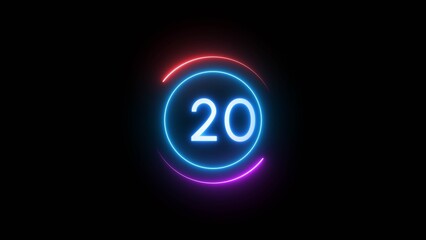 Countdown timer 20 seconds. Neon countdown number illustration.
