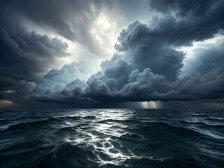 Dramatic stormy sky over dark ocean waves with sunlight breaking through