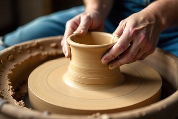 Close-up view of a handcrafted pottery wheel in motion, clay being shaped into a round form Perfect for craft, art, and ceramics projects , handmade, artwork, shaping