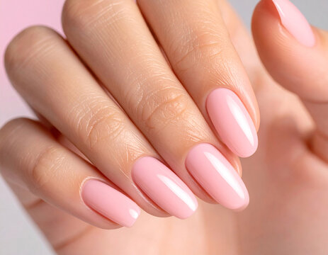 Close-up portrait of woman’s hand with natural pink manicure, elegant nails and healthy skin, feminine beauty and care concept, ideal for cosmetics, nail salon and spa marketing