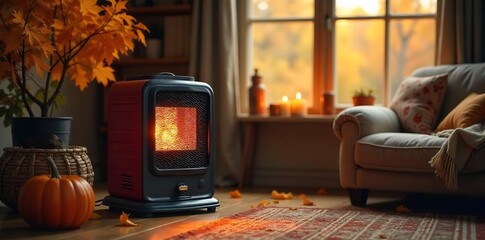 Cozy autumn scene featuring a space heater providing warmth indoors Perfect for fall and winter themes, home comfort, energy efficiency, and seasonal imagery , comfort, furniture, comfort