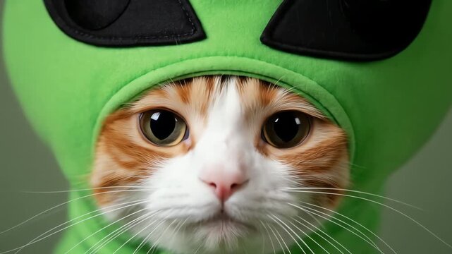 Closeup of an orange and white cat wearing a green alien costume hood