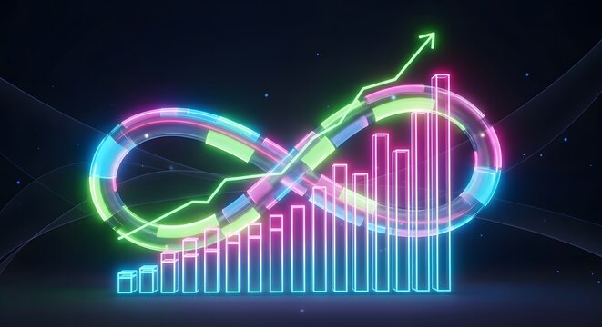 Vibrant Neon Infinity Symbol with Upward Trending Bar and Line Graphs