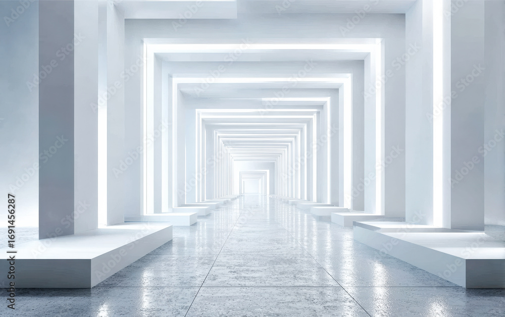 Poster long and bright corridor with multiple illuminated frames