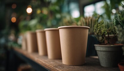 Empty disposable coffee cups on a shelf, surrounded by plants