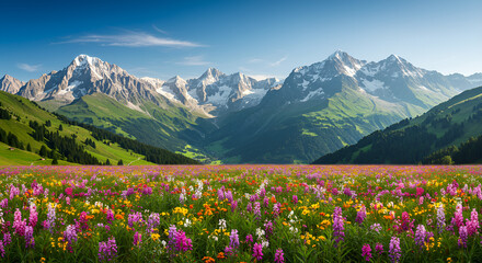 Fototapeta premium Beautiful Alps mountain scenery with colorful flower meadow, green valley, bright blue sky, and majestic snowy peaks.