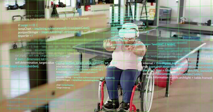 Woman in wheelchair wearing VR headset initiating rehab while green grid forming and code scrolling