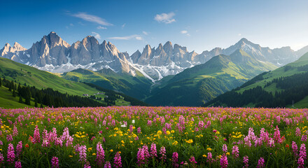 Fototapeta premium Beautiful Alps mountain scenery with colorful flower meadow, green valley, bright blue sky, and majestic snowy peaks.
