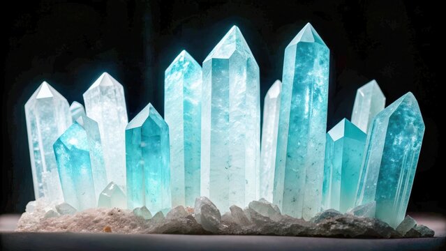 Crystal cluster cyan quartz glowing mineral ice cave polar light geology frost shimmer science research