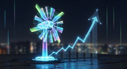 Glowing Wind Turbine & Rising Graph. Renewable Energy Growth, Future Technology, Urban Sustainability