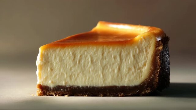 Closeup of a slice of cheesecake with caramel and nuts on top, on a wooden table.