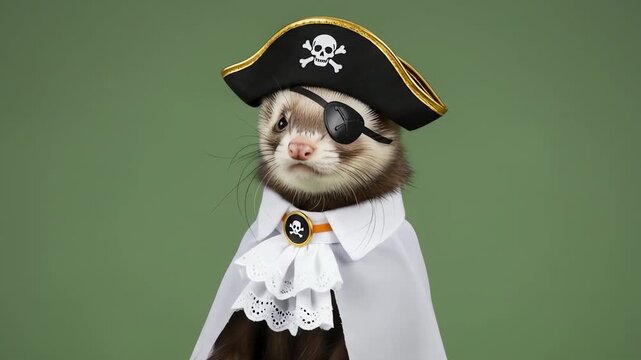 Ferret dressed as a pirate with eye patch and captains hat