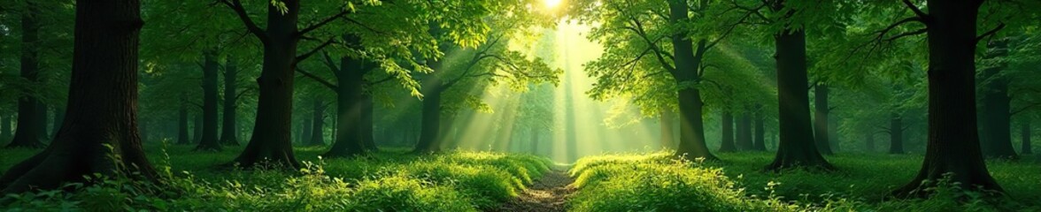 Obraz premium Dense cluster of trees in a lush forest, sunlight dappling through leaves creating a magical atmosphere Perfect for nature, woodland, and environmental themes , forest, earth, organic