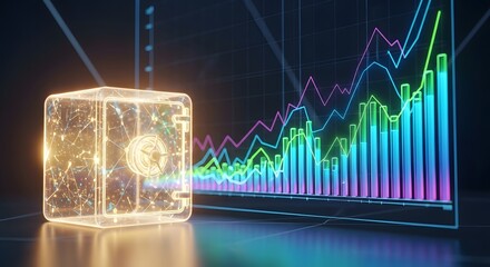 Glowing Digital Safe and Financial Growth Chart: Data Security and Investment Trends