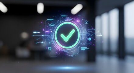 Futuristic Digital Checkmark Icon for Success, Approval, and Verification on Abstract Technology Interface