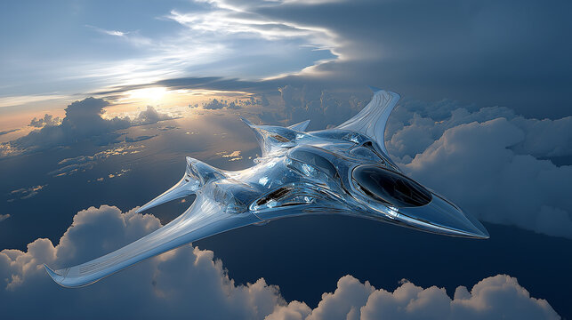 하늘을 나는 미래형 비행기, 초현실적 배경-Futuristic flying airplane, surreal background