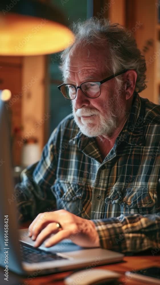Poster an older gentleman using a tablet computer at his desk, concentrating on work. indoor setting with w