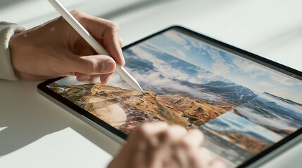 Person using a stylus to draw on a tablet displaying a mountain landscape