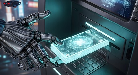 Futuristic Robot Hand Withdraws Digital Currency from ATM in Neon Cityscape