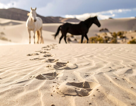 Horse hoofprints on desert sand with two horses walking in the background, natural scene symbolizing freedom, wilderness, equestrian lifestyle and wild landscapes - Powered by Adobe