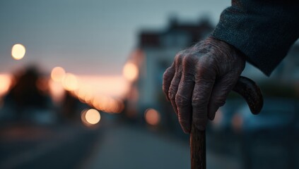 Close-up of an aged hand holding a walking stick at dusk