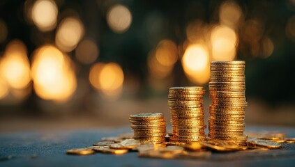 Golden coin stacks against a bokeh background