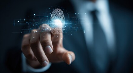 A fingertip scans a digital fingerprint projection