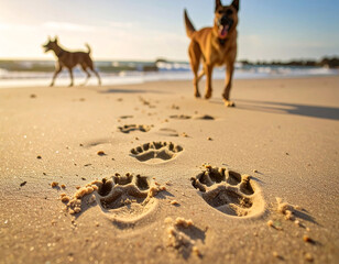 Dog pawprints in wet sand on beach with dog silhouette in background, natural outdoor scenery symbolizing adventure, companionship and coastal wilderness exploration