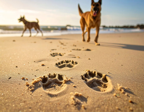 Dog pawprints in wet sand on beach with dog silhouette in background, natural outdoor scenery symbolizing adventure, companionship and coastal wilderness exploration - Powered by Adobe