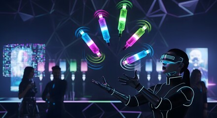 Futuristic VR User Manipulating Neon Digital Objects in a Cyberpunk Nightclub Scene