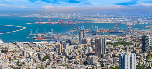 Israel, panoramic skyline view of Haifa downtown, port and historic center.